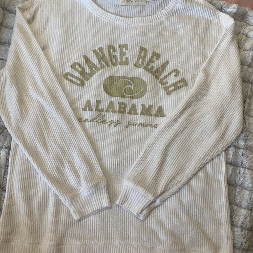 White Ribbed Long Sleeve Shirt sweater with Orange Beach Print
